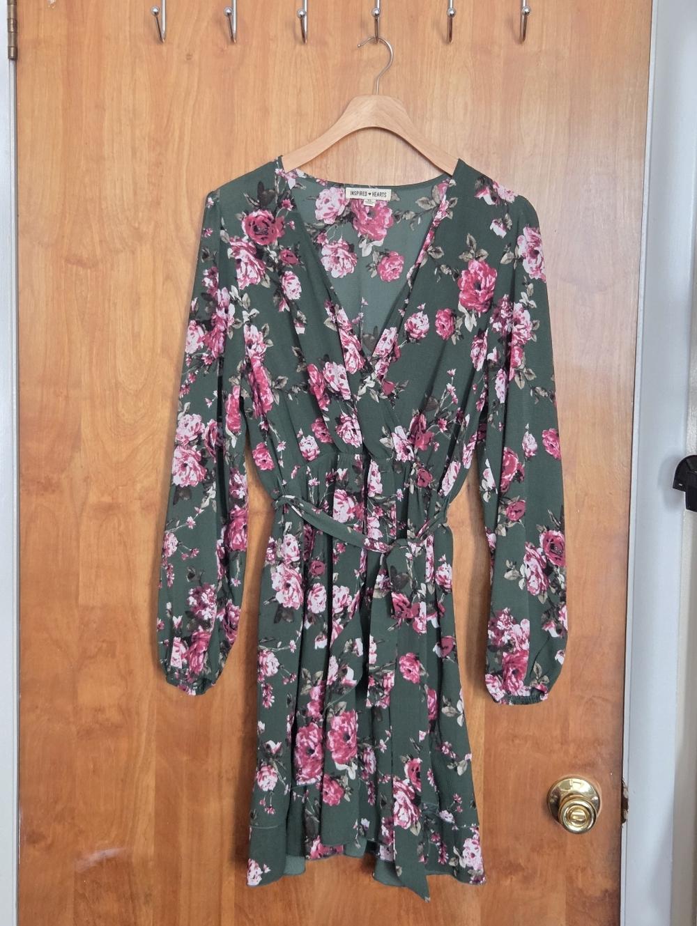Inspired Hearts Green Floral Long Sleeve  Belted Wrap Dress
